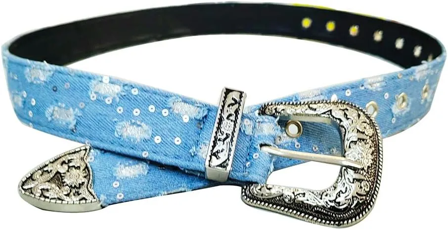 Fashion Denim Blue PU Leather Waist Belts Sequin for Women Ladies Cowgirl for Pants Jeans Dresse