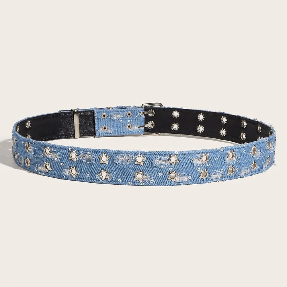 Fashion Denim Blue PU Leather Waist Belts Sequin for Women Ladies Cowgirl for Pants Jeans Dresse