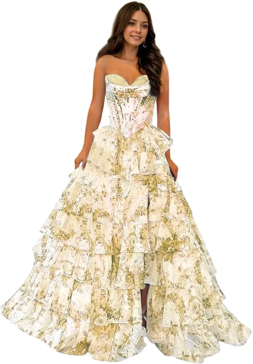 Floral Print Prom Dresses for Women 2025 Strapless Tiered Chiffon Long Ball Gowns with Slit Ruffles Evening Dresses