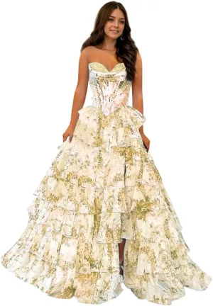 Floral Print Prom Dresses for Women 2025 Strapless Tiered Chiffon Long Ball Gowns with Slit Ruffles Evening Dresses