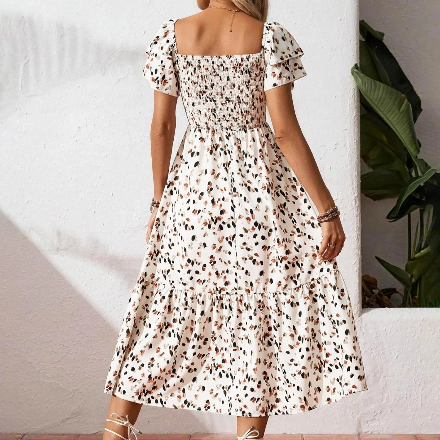 Floral Print Square Neck Dress Puff Sleeves Smocked Waist for Women Casual Summer Midi Dress for Vacation Daily Wear