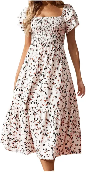 Floral Print Square Neck Dress Puff Sleeves Smocked Waist for Women Casual Summer Midi Dress for Vacation Daily Wear