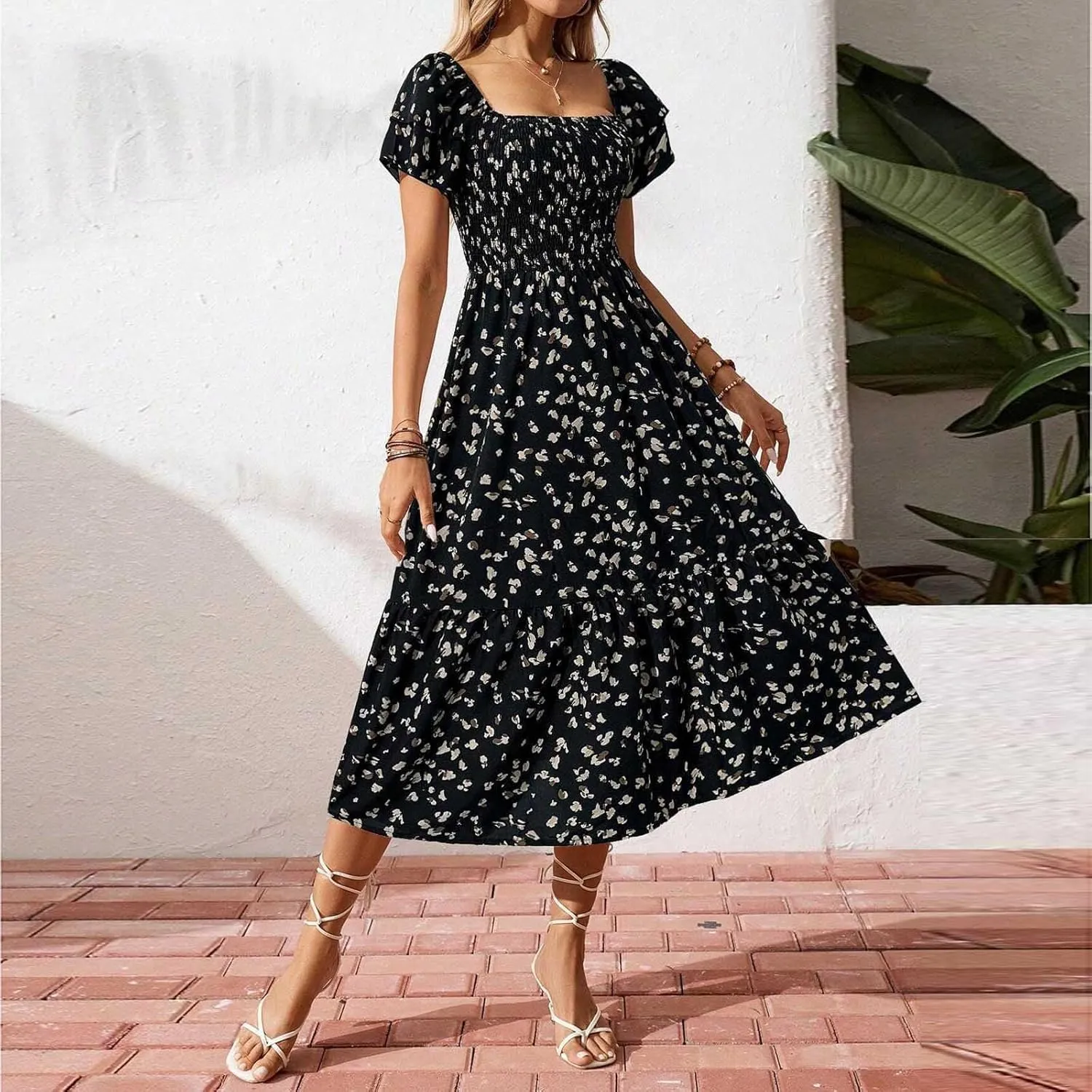 Floral Print Square Neck Dress Puff Sleeves Smocked Waist for Women Casual Summer Midi Dress for Vacation Daily Wear