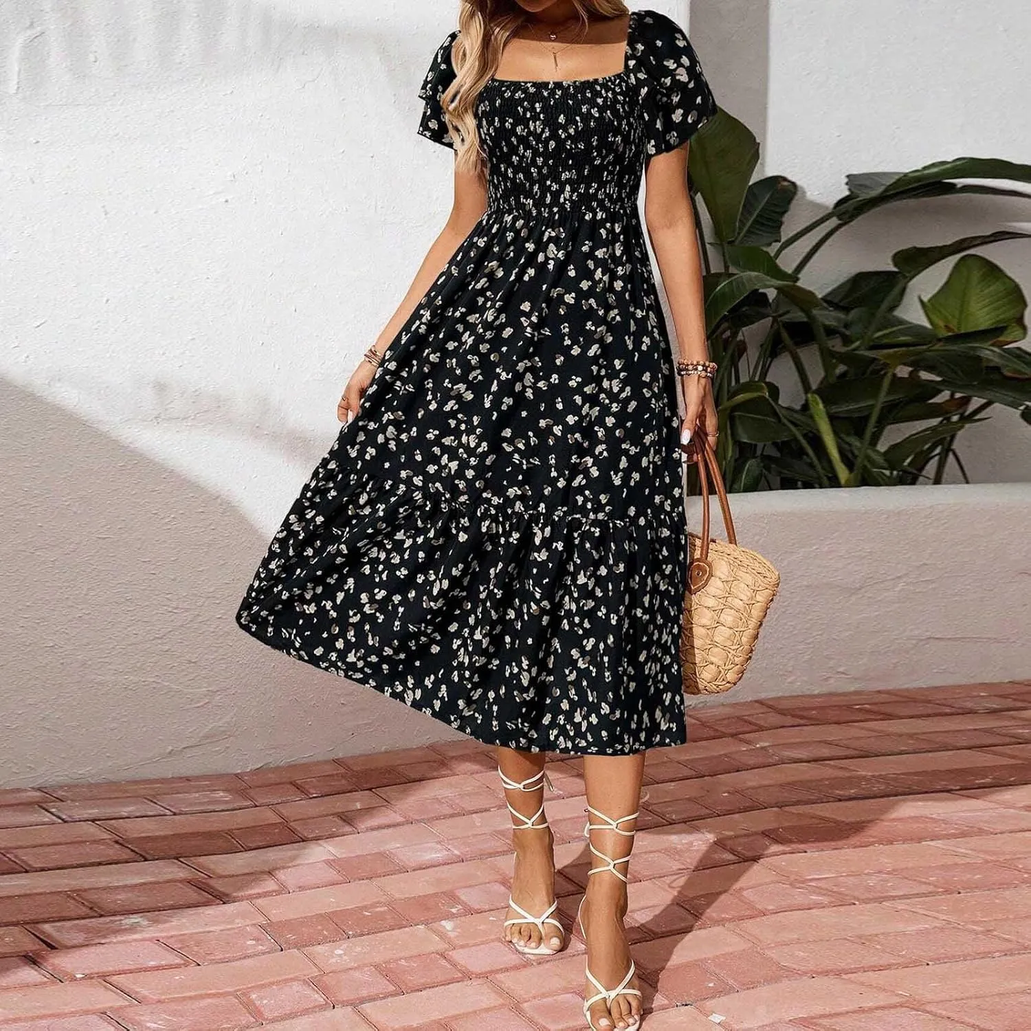 Floral Print Square Neck Dress Puff Sleeves Smocked Waist for Women Casual Summer Midi Dress for Vacation Daily Wear