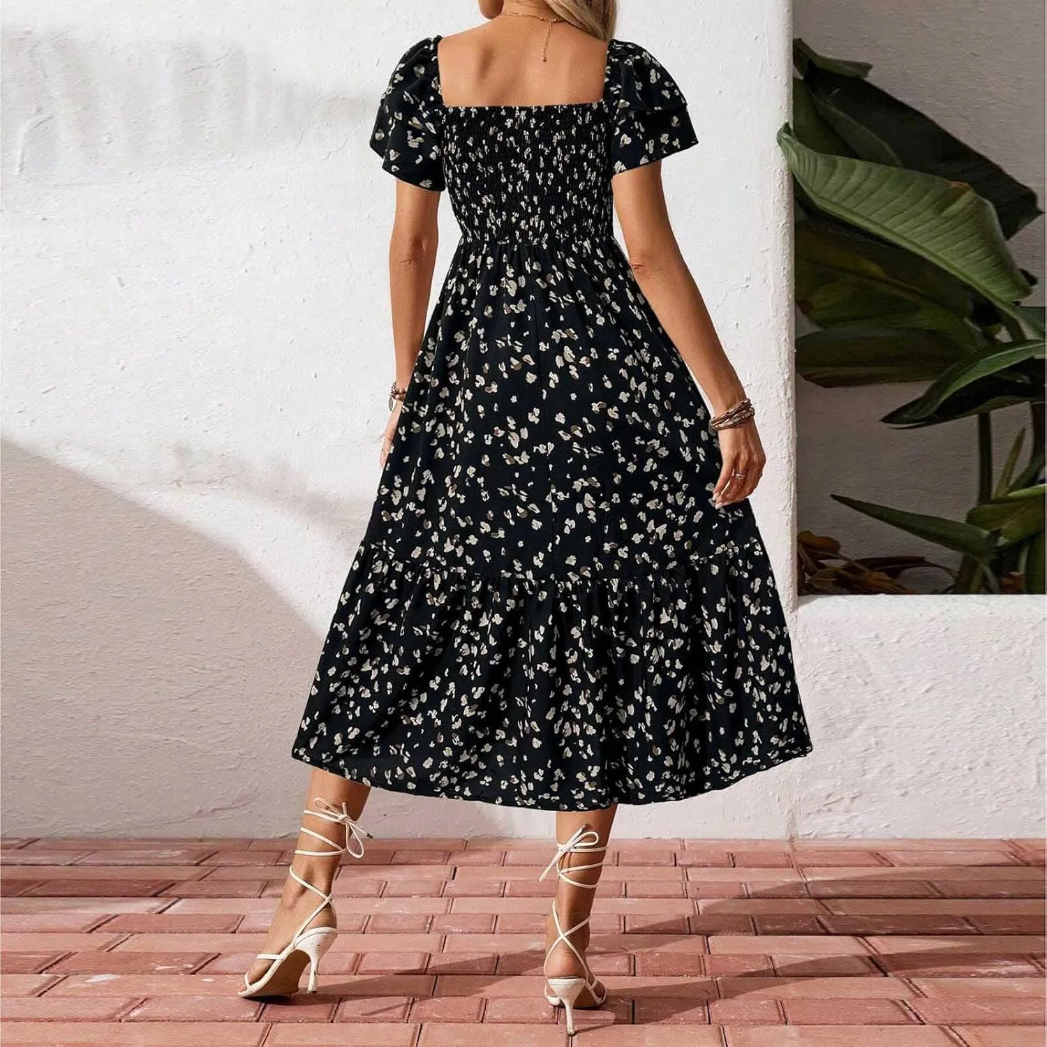 Floral Print Square Neck Dress Puff Sleeves Smocked Waist for Women Casual Summer Midi Dress for Vacation Daily Wear