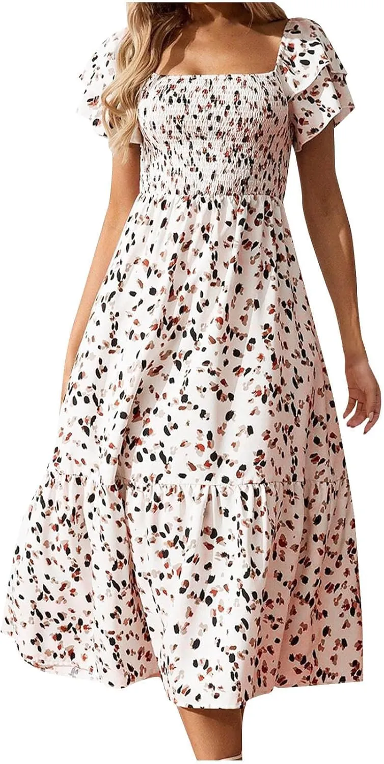 Floral Print Square Neck Dress Puff Sleeves Smocked Waist for Women Casual Summer Midi Dress for Vacation Daily Wear
