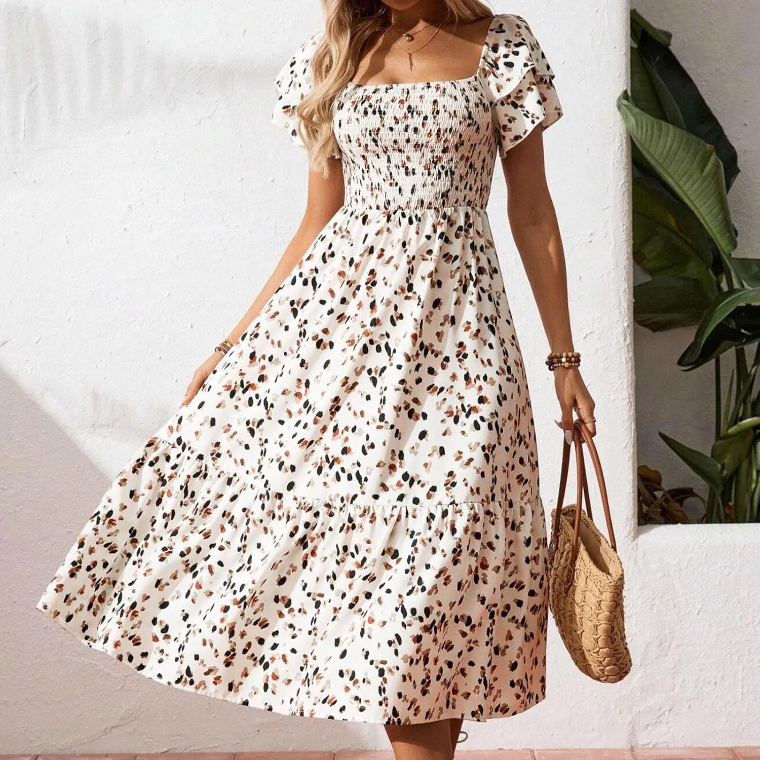 Floral Print Square Neck Dress Puff Sleeves Smocked Waist for Women Casual Summer Midi Dress for Vacation Daily Wear