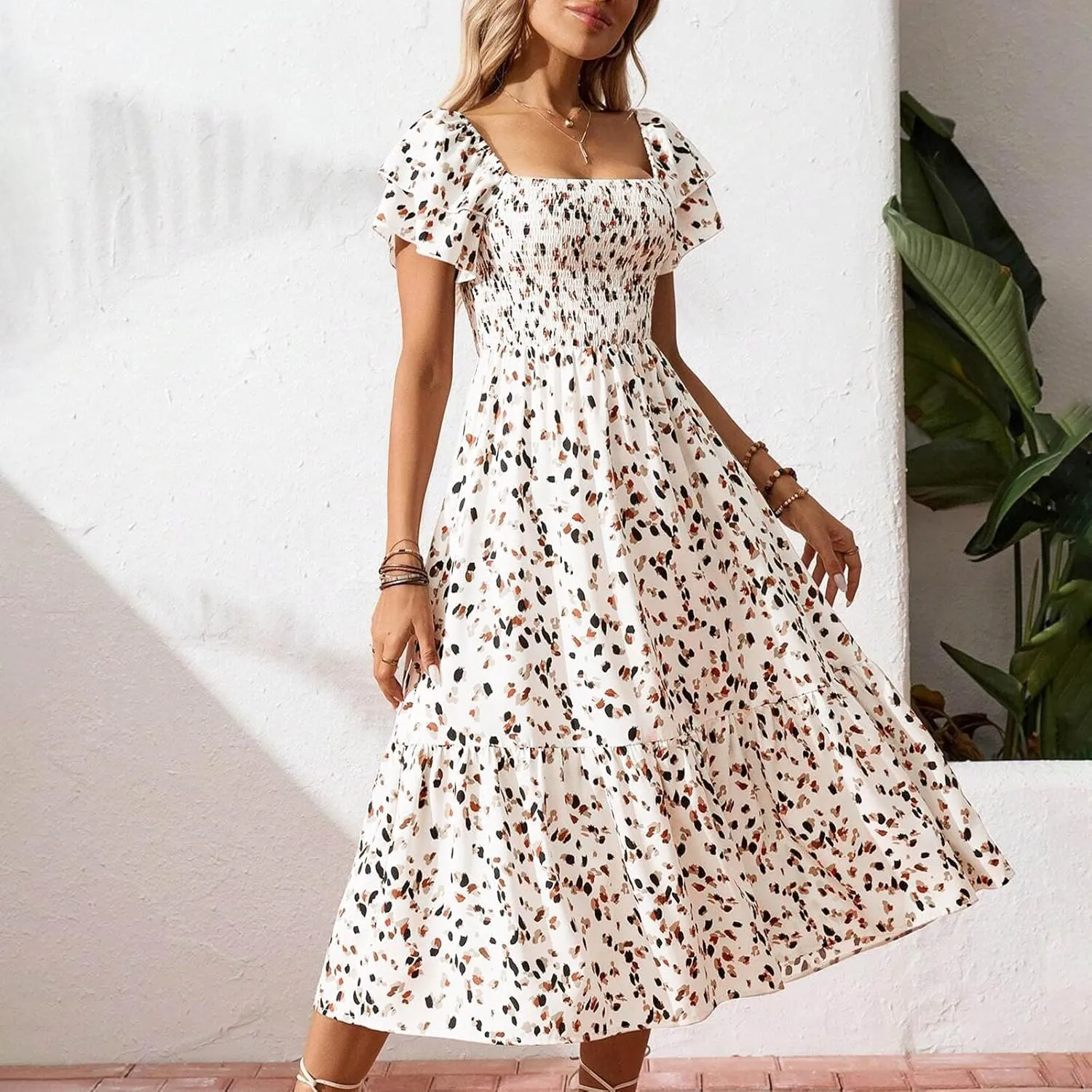 Floral Print Square Neck Dress Puff Sleeves Smocked Waist for Women Casual Summer Midi Dress for Vacation Daily Wear