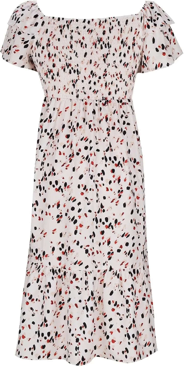 Floral Print Square Neck Dress Puff Sleeves Smocked Waist for Women Casual Summer Midi Dress for Vacation Daily Wear