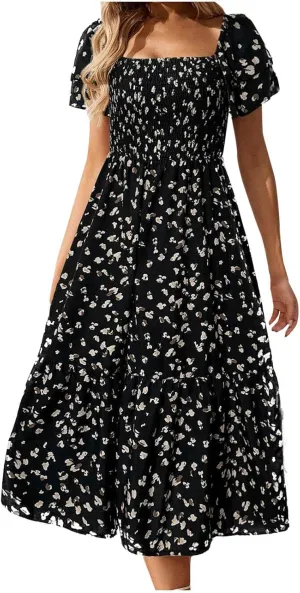 Floral Print Square Neck Dress Puff Sleeves Smocked Waist for Women Casual Summer Midi Dress for Vacation Daily Wear
