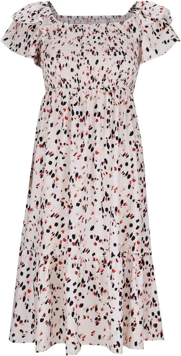 Floral Print Square Neck Dress Puff Sleeves Smocked Waist for Women Casual Summer Midi Dress for Vacation Daily Wear