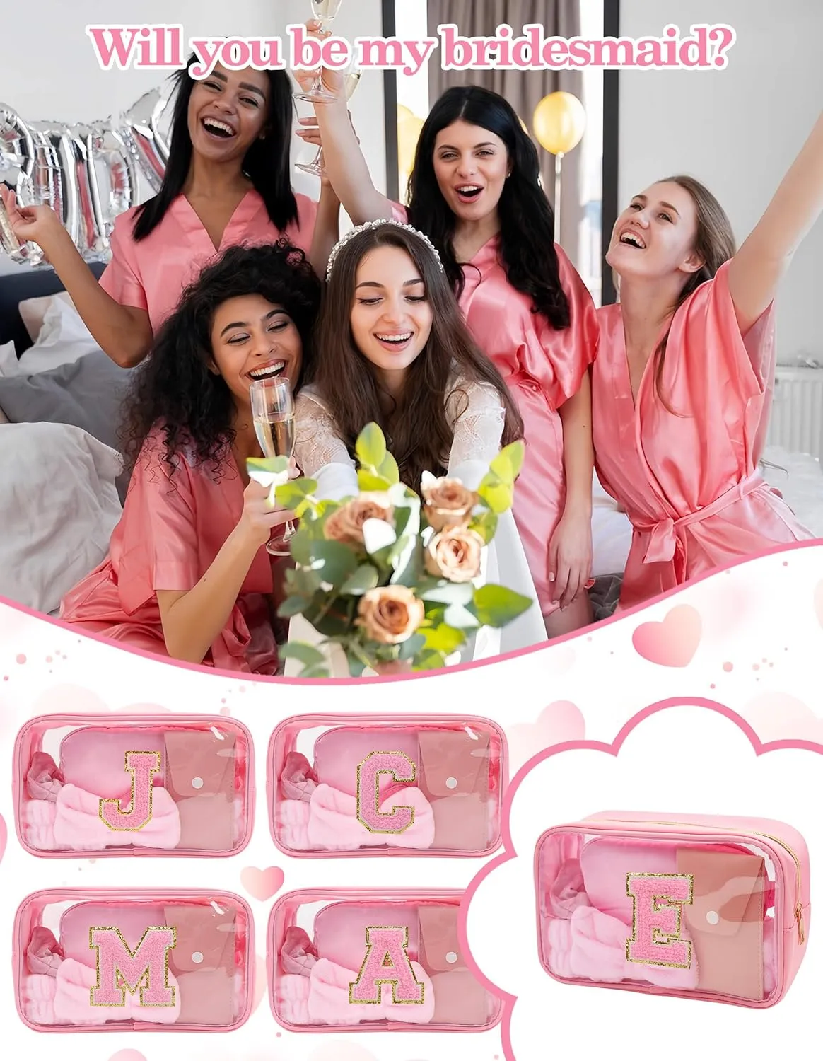 Gift Sets for Women, Initial Makeup Bag with Makeup Brush Set Bachelorette Party Favors, Pink Spa Kit with Skincare Headbands Wrist Bands Sleepover Party Supplies Gifts for Teen Girls Bridesmaid E