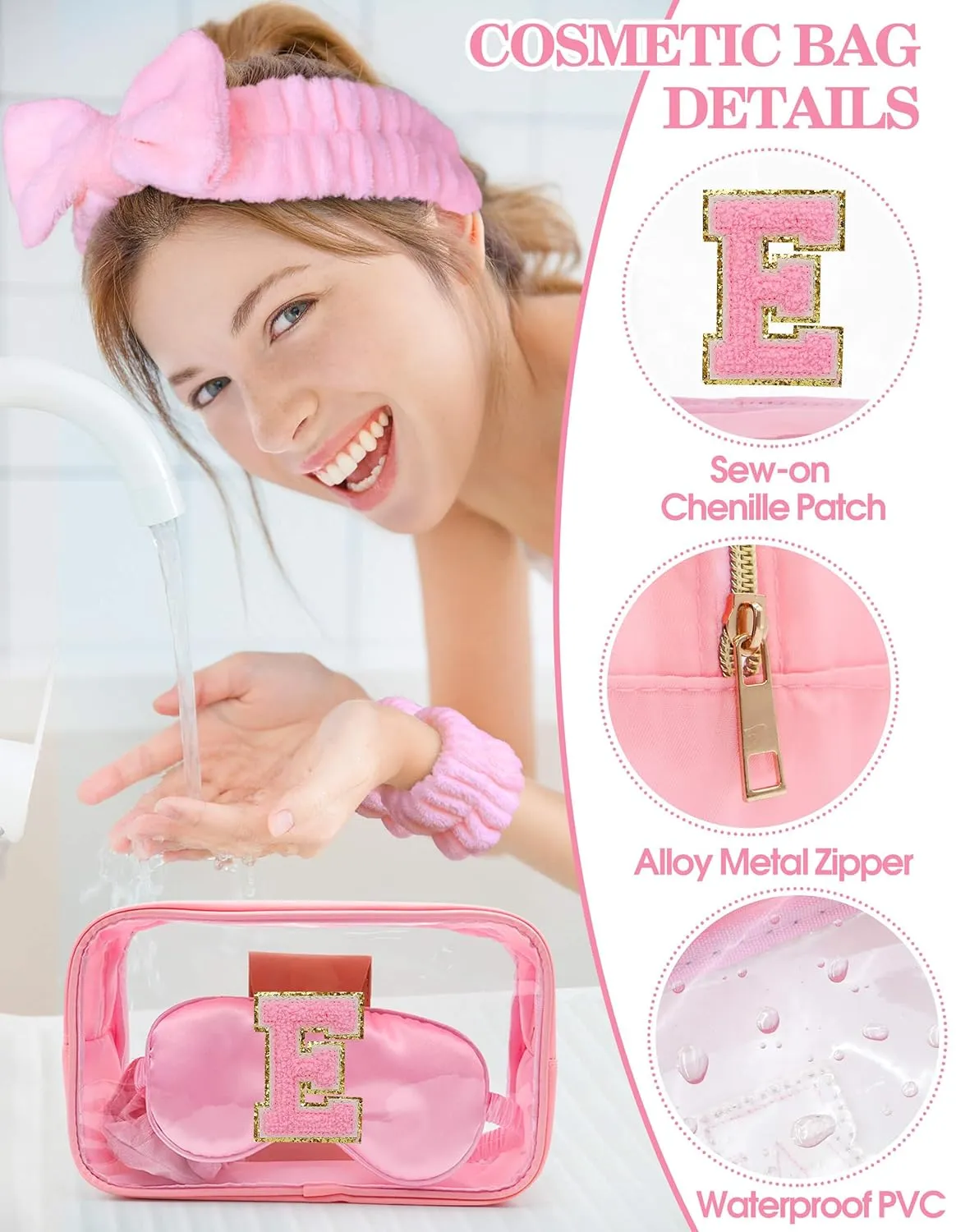 Gift Sets for Women, Initial Makeup Bag with Makeup Brush Set Bachelorette Party Favors, Pink Spa Kit with Skincare Headbands Wrist Bands Sleepover Party Supplies Gifts for Teen Girls Bridesmaid E