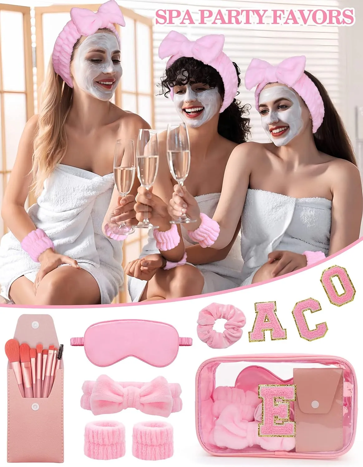 Gift Sets for Women, Initial Makeup Bag with Makeup Brush Set Bachelorette Party Favors, Pink Spa Kit with Skincare Headbands Wrist Bands Sleepover Party Supplies Gifts for Teen Girls Bridesmaid E