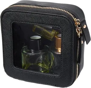 GORGECRAFT Clear Makeup Bag Small Travel Toiletry Box Black PU Leather Waterproof Cosmetic Bag for Purse Portable Make Up Case Organizer Traveling Skincare Pouch with Golden Double Zipper