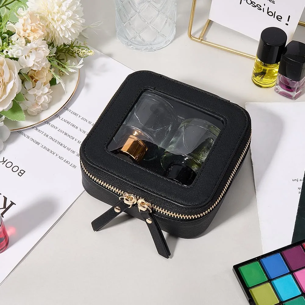 GORGECRAFT Clear Makeup Bag Small Travel Toiletry Box Black PU Leather Waterproof Cosmetic Bag for Purse Portable Make Up Case Organizer Traveling Skincare Pouch with Golden Double Zipper