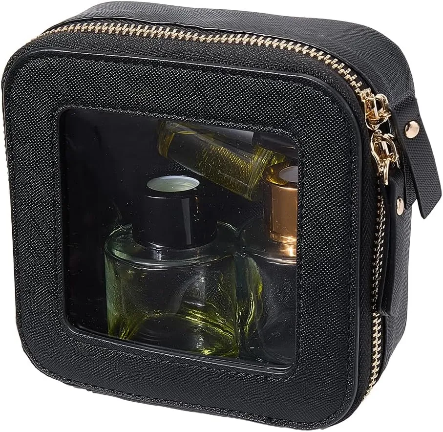 GORGECRAFT Clear Makeup Bag Small Travel Toiletry Box Black PU Leather Waterproof Cosmetic Bag for Purse Portable Make Up Case Organizer Traveling Skincare Pouch with Golden Double Zipper