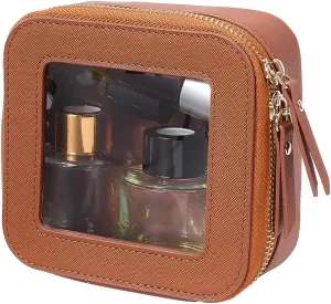 GORGECRAFT Small Cosmetic Bag Clear Makeup Bag Sienna PU Leather Waterproof Travel Toiletry Box for Purse Portable Make Up Case Organizer Traveling Skincare Pouch with Golden Double Zipper