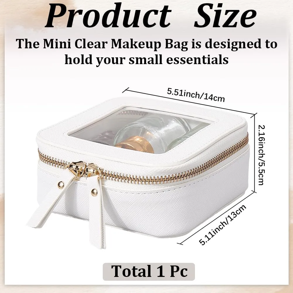 GORGECRAFT Small Travel Toiletry Bag Clear Makeup Box White PU Leather Waterproof Cosmetic Bag for Purse Portable Make Up Case Organizer Traveling Skincare Pouch with Golden Double Zipper
