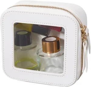 GORGECRAFT Small Travel Toiletry Bag Clear Makeup Box White PU Leather Waterproof Cosmetic Bag for Purse Portable Make Up Case Organizer Traveling Skincare Pouch with Golden Double Zipper