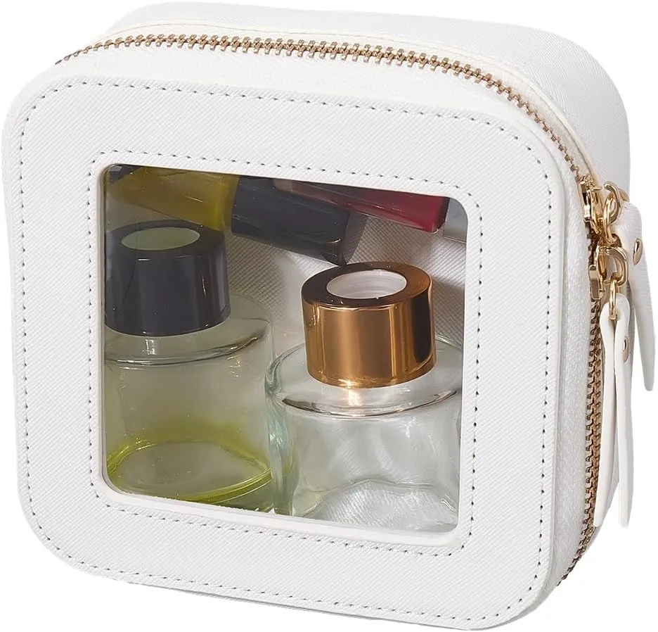 GORGECRAFT Small Travel Toiletry Bag Clear Makeup Box White PU Leather Waterproof Cosmetic Bag for Purse Portable Make Up Case Organizer Traveling Skincare Pouch with Golden Double Zipper