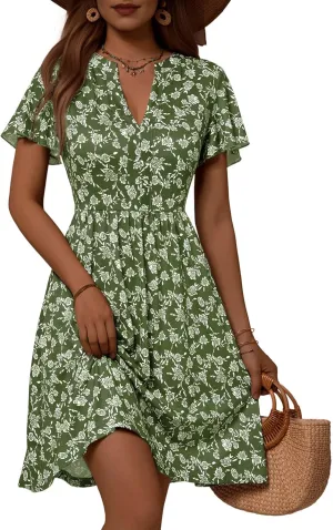 GUBERRY Womens Summer Dresses Henley V Neck Ruffle Sleeve A Line Causal Floral Midi Sundresses with Pockets