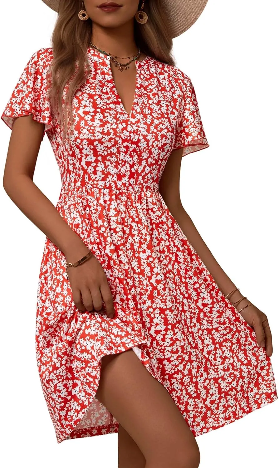 GUBERRY Womens Summer Dresses Henley V Neck Ruffle Sleeve A Line Causal Floral Midi Sundresses with Pockets