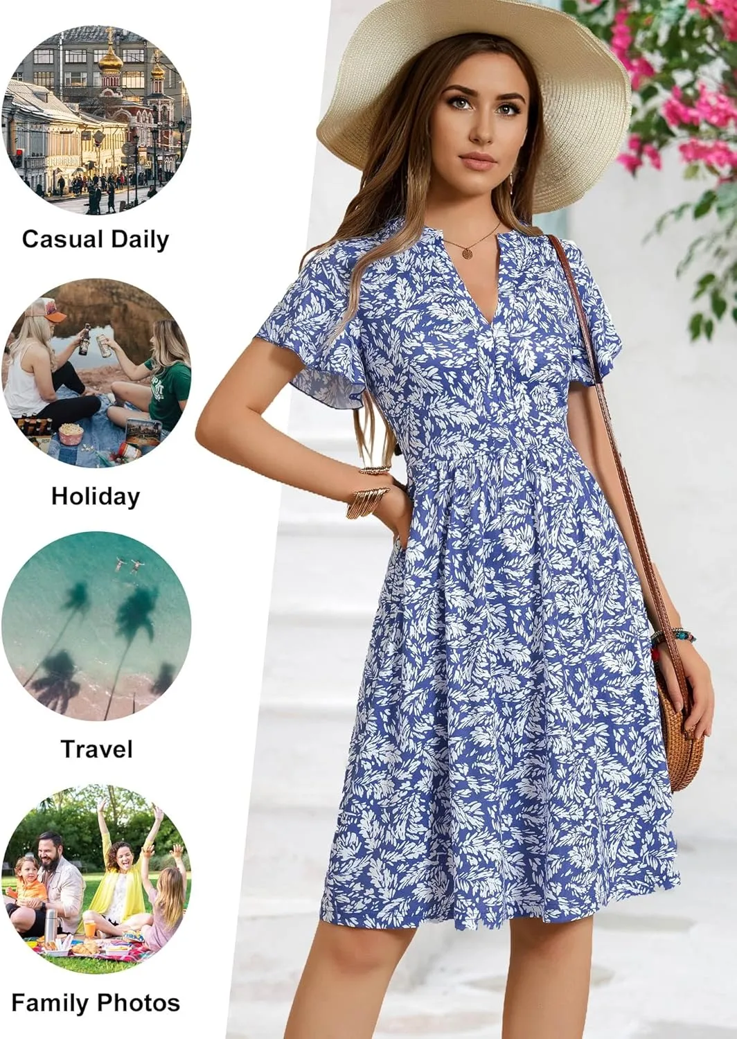 GUBERRY Womens Summer Dresses Henley V Neck Ruffle Sleeve A Line Causal Floral Midi Sundresses with Pockets