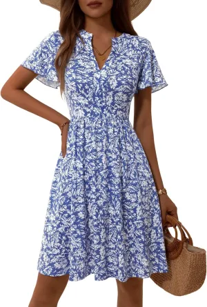 GUBERRY Womens Summer Dresses Henley V Neck Ruffle Sleeve A Line Causal Floral Midi Sundresses with Pockets