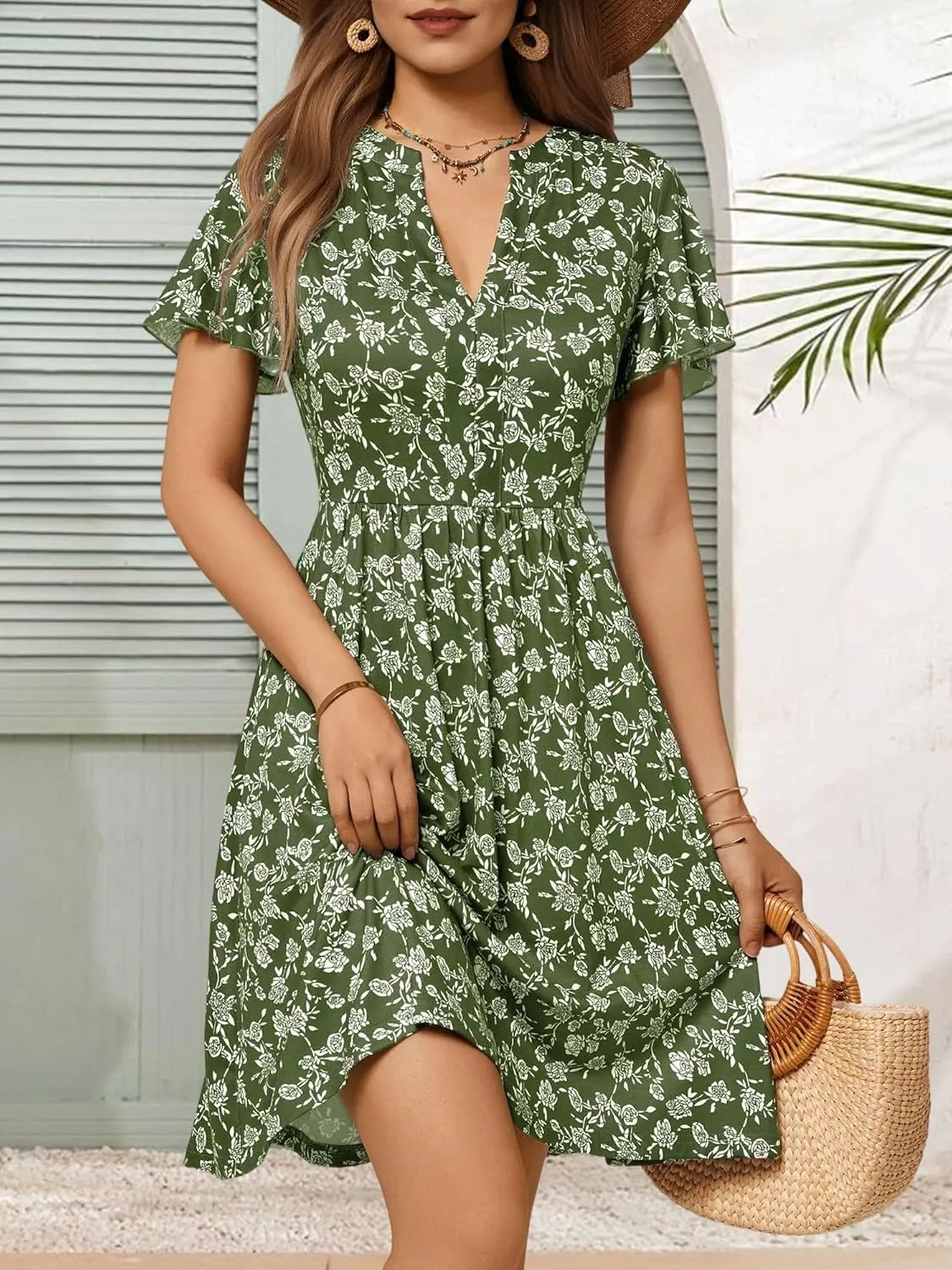 GUBERRY Womens Summer Dresses Henley V Neck Ruffle Sleeve A Line Causal Floral Midi Sundresses with Pockets