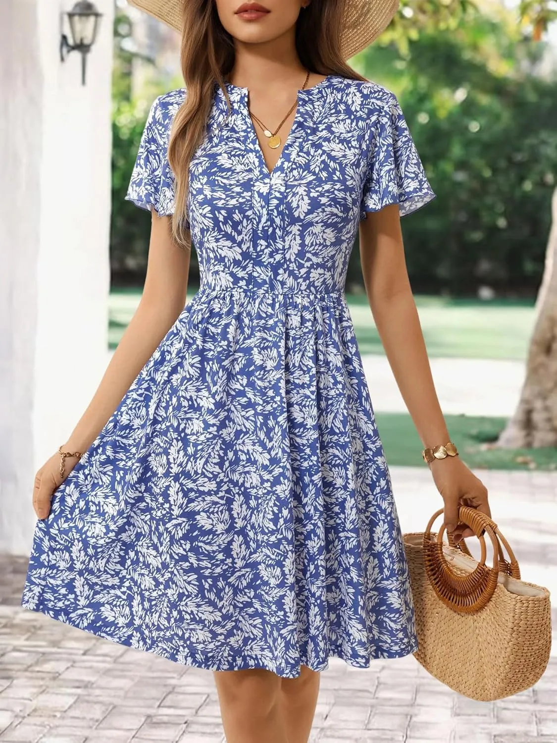 GUBERRY Womens Summer Dresses Henley V Neck Ruffle Sleeve A Line Causal Floral Midi Sundresses with Pockets