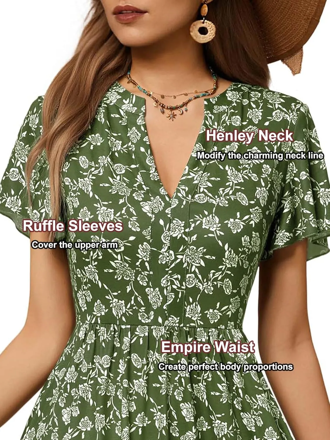 GUBERRY Womens Summer Dresses Henley V Neck Ruffle Sleeve A Line Causal Floral Midi Sundresses with Pockets