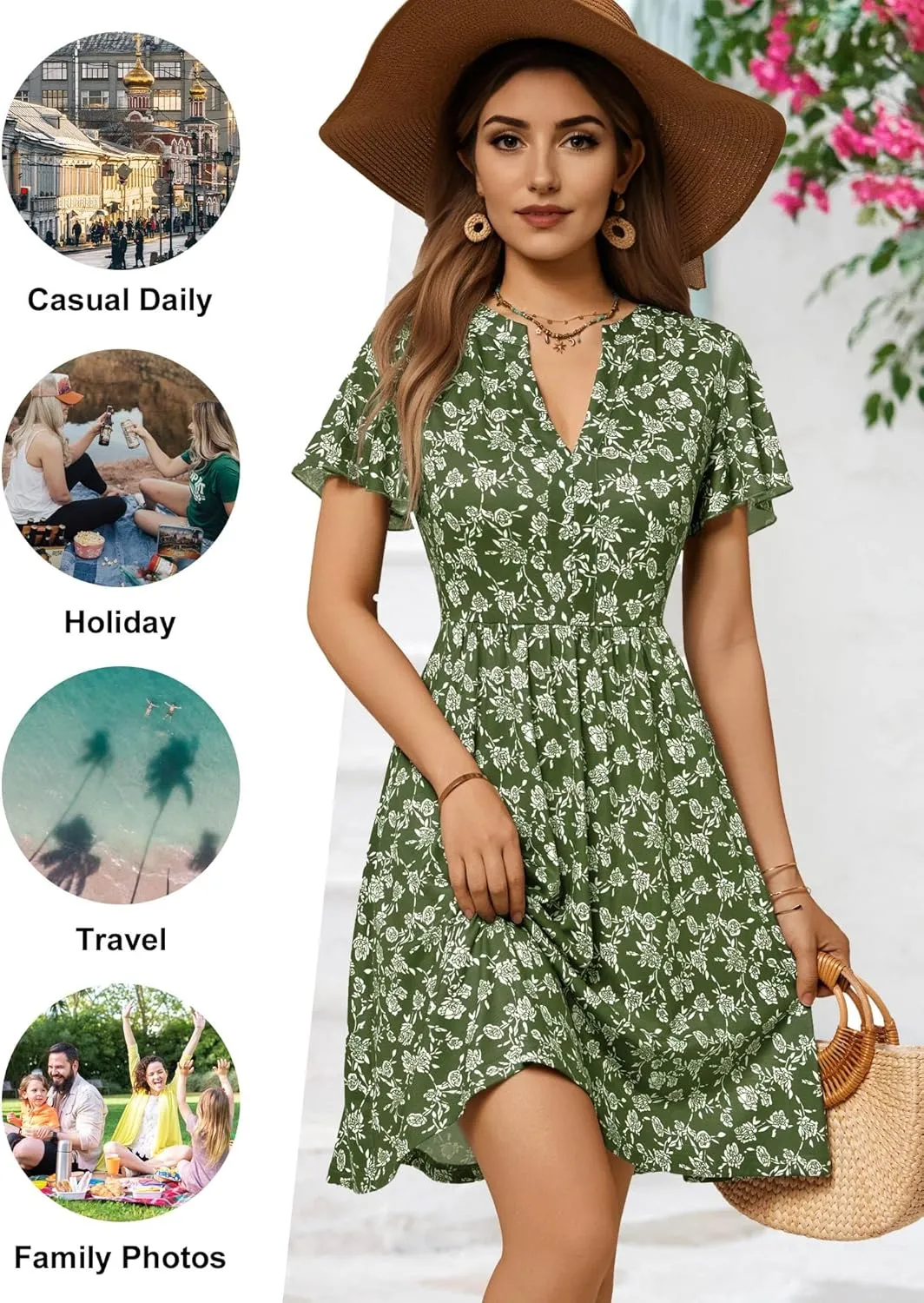 GUBERRY Womens Summer Dresses Henley V Neck Ruffle Sleeve A Line Causal Floral Midi Sundresses with Pockets