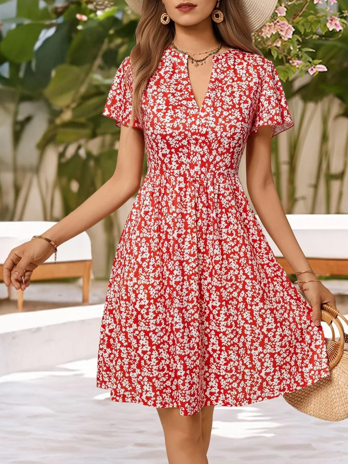 GUBERRY Womens Summer Dresses Henley V Neck Ruffle Sleeve A Line Causal Floral Midi Sundresses with Pockets