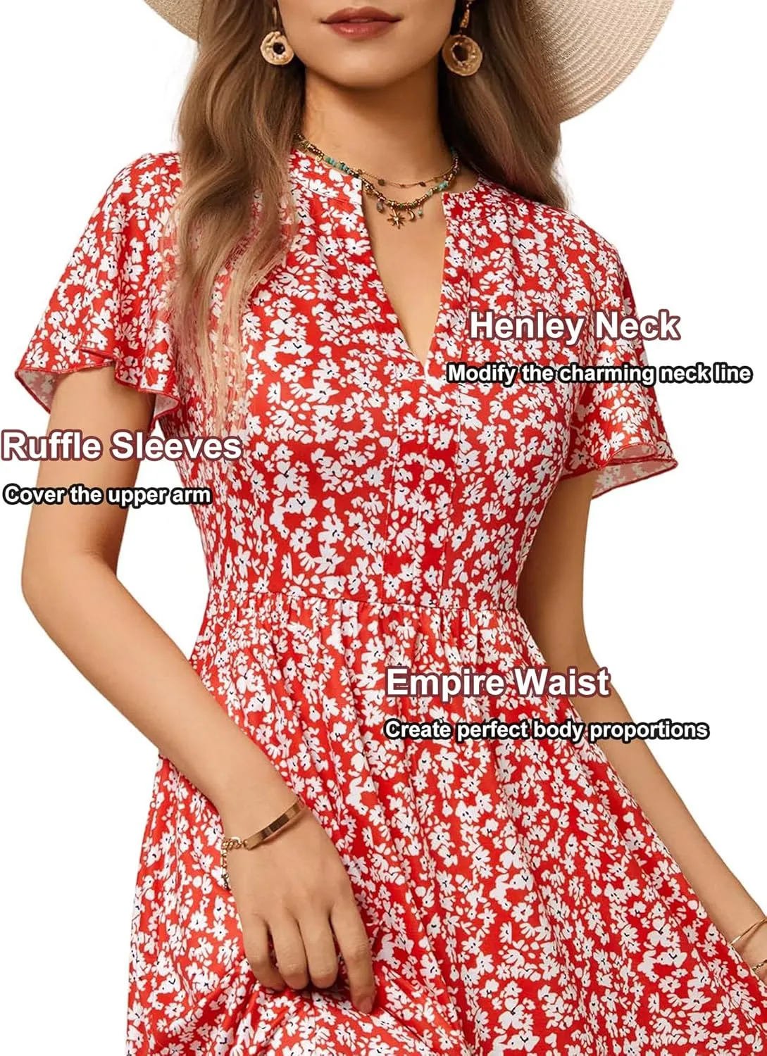 GUBERRY Womens Summer Dresses Henley V Neck Ruffle Sleeve A Line Causal Floral Midi Sundresses with Pockets