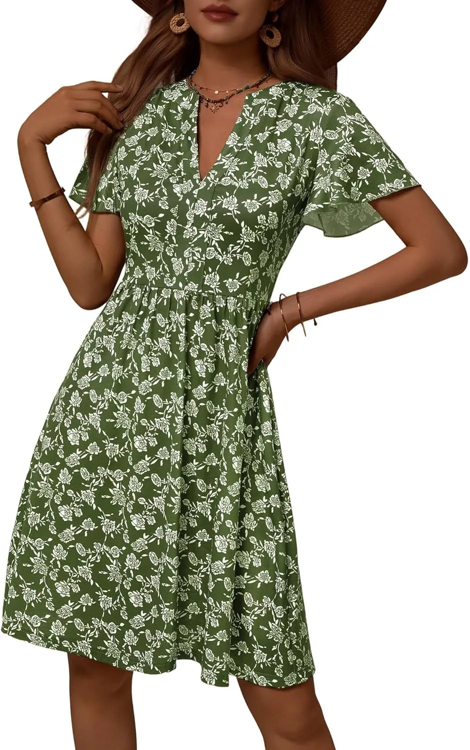 GUBERRY Womens Summer Dresses Henley V Neck Ruffle Sleeve A Line Causal Floral Midi Sundresses with Pockets