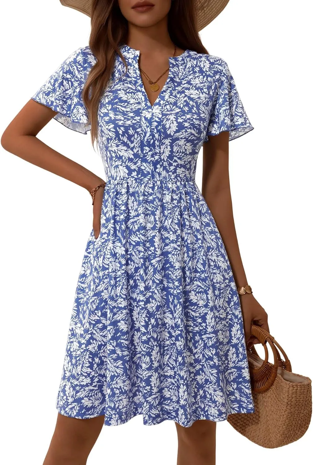 GUBERRY Womens Summer Dresses Henley V Neck Ruffle Sleeve A Line Causal Floral Midi Sundresses with Pockets