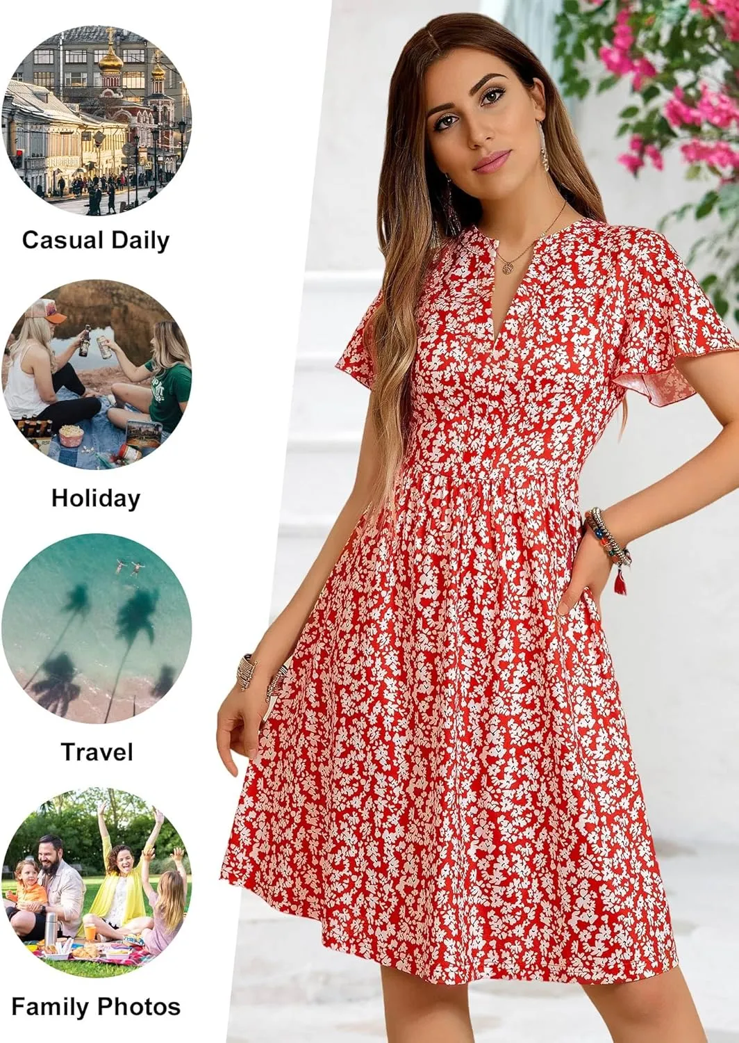 GUBERRY Womens Summer Dresses Henley V Neck Ruffle Sleeve A Line Causal Floral Midi Sundresses with Pockets