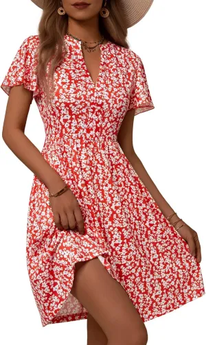 GUBERRY Womens Summer Dresses Henley V Neck Ruffle Sleeve A Line Causal Floral Midi Sundresses with Pockets