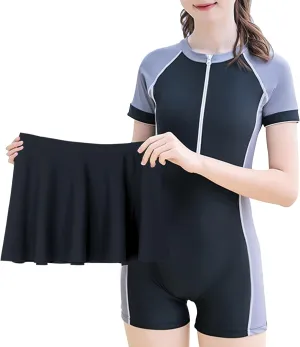 Happy Cherry Girls Short Sleeve Swimsuit Front Zip Sun Protection Bathing Suit Surfing Swimming Suit