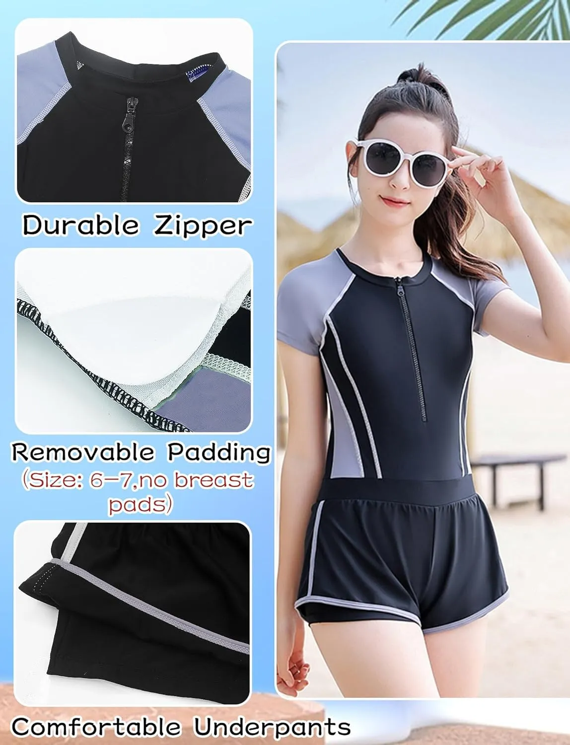 Happy Cherry Girls Short Sleeve Swimsuit Front Zip Sun Protection Bathing Suit Surfing Swimming Suit