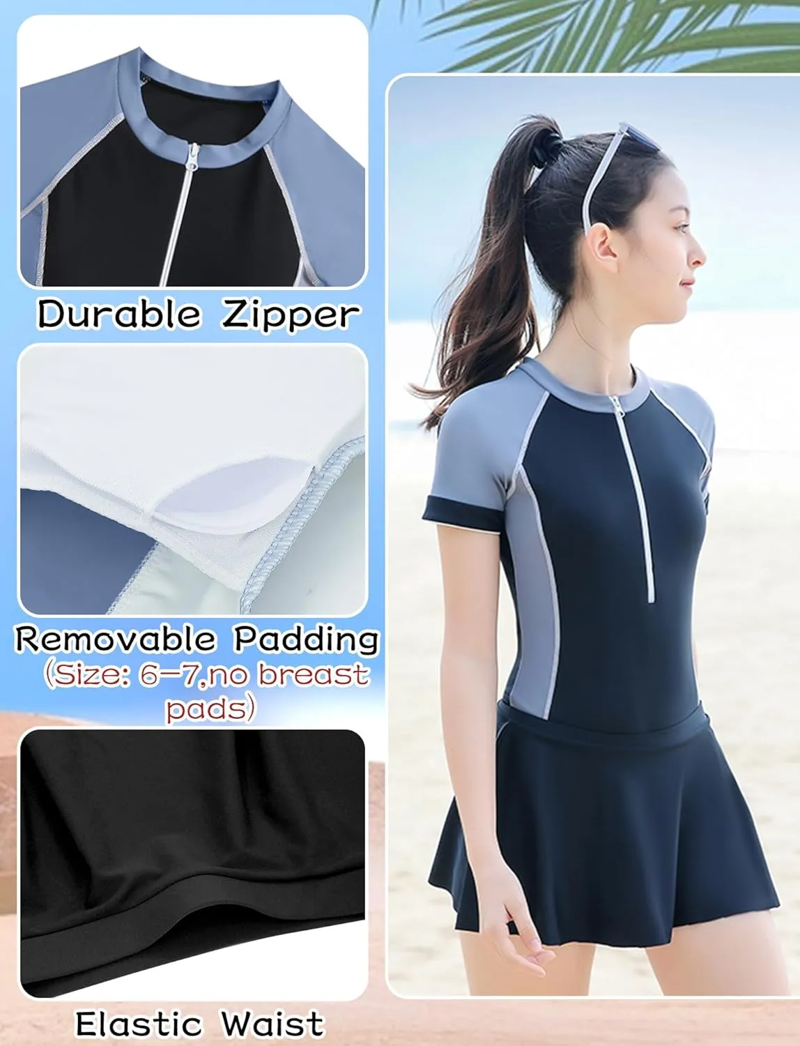 Happy Cherry Girls Short Sleeve Swimsuit Front Zip Sun Protection Bathing Suit Surfing Swimming Suit