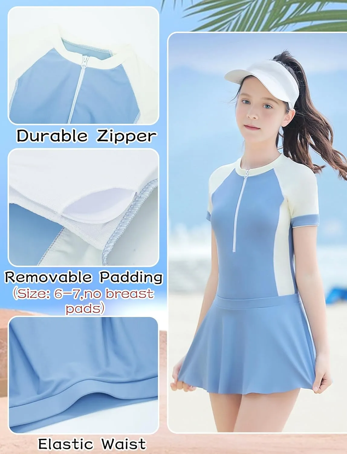 Happy Cherry Girls Short Sleeve Swimsuit Front Zip Sun Protection Bathing Suit Surfing Swimming Suit