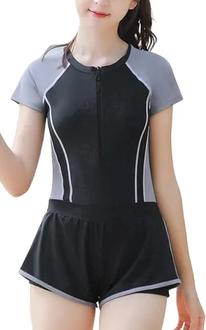 Happy Cherry Girls Short Sleeve Swimsuit Front Zip Sun Protection Bathing Suit Surfing Swimming Suit