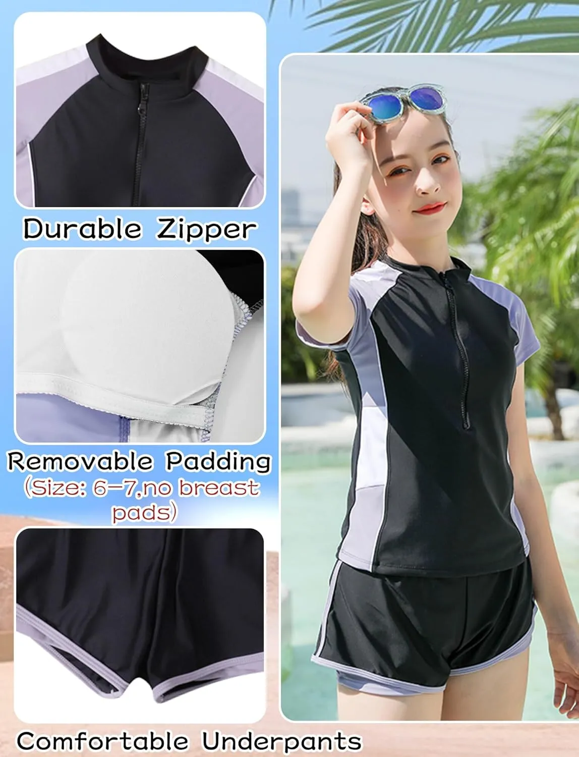 Happy Cherry Girls Short Sleeve Swimsuit Front Zip Sun Protection Bathing Suit Surfing Swimming Suit