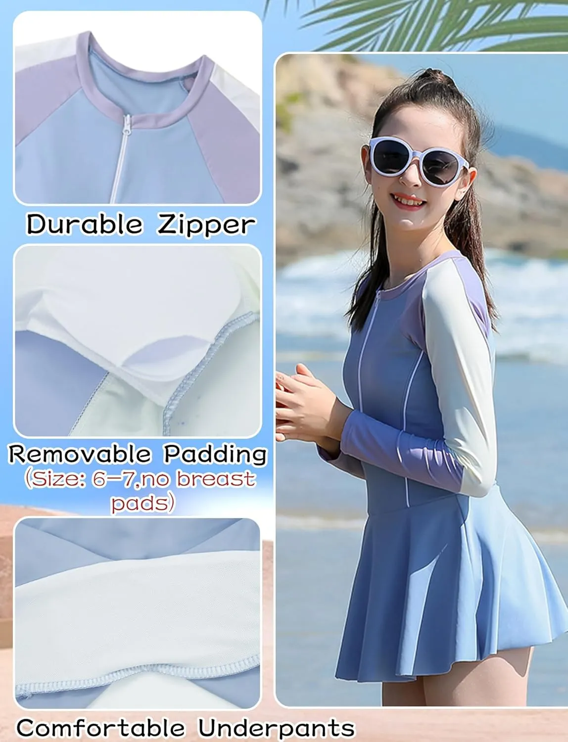 Happy Cherry Girls Short Sleeve Swimsuit Front Zip Sun Protection Bathing Suit Surfing Swimming Suit