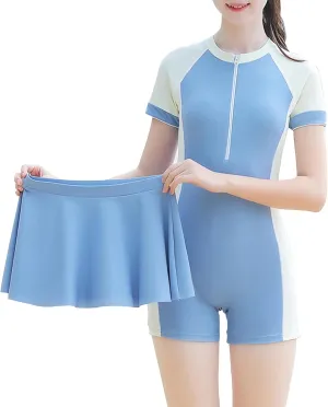 Happy Cherry Girls Short Sleeve Swimsuit Front Zip Sun Protection Bathing Suit Surfing Swimming Suit