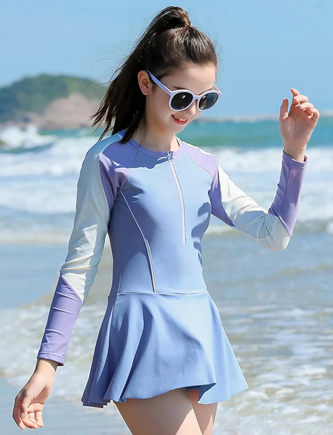 Happy Cherry Girls Short Sleeve Swimsuit Front Zip Sun Protection Bathing Suit Surfing Swimming Suit
