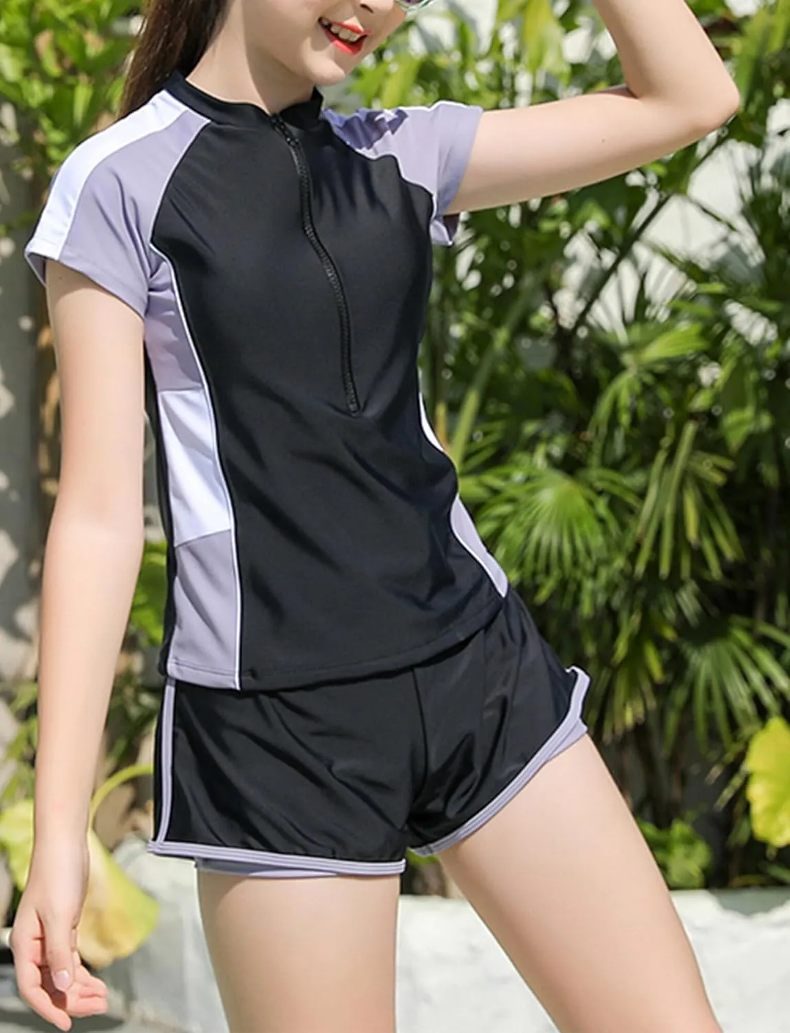 Happy Cherry Girls Short Sleeve Swimsuit Front Zip Sun Protection Bathing Suit Surfing Swimming Suit