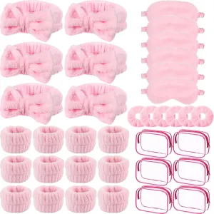 Hoteam 30 Pieces Sleepover Party Supplies 6 Pink Spa Headband 6 Pink Plush Sleep Eye Mask 6 Velvet Scrunchies 6 Wristband 6 Clear Cosmetic Bags for Slumber Spa Party Favor Gift Skincare Makeup